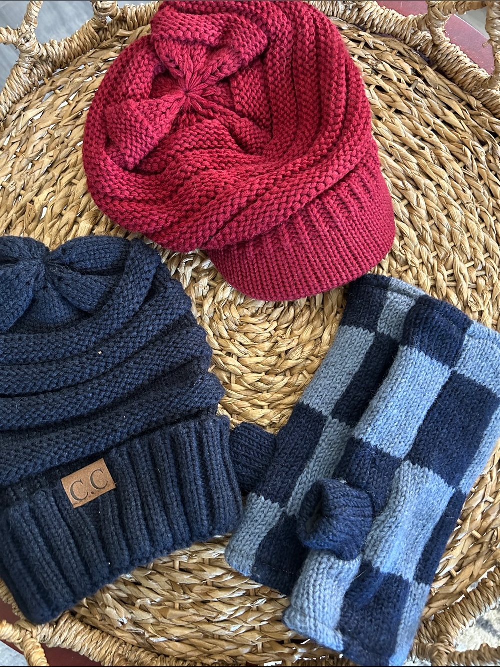 Two knit hats and fingerless gloves